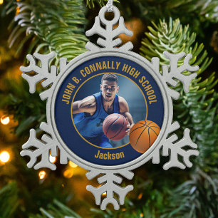 Navy Blauwe Gouden Basketbalspeler Foto Tin Sneeuwvlok Ornament