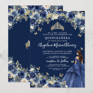 Navy Blauwe Gouden Bloem Quinceanera Kaart
