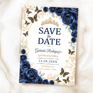 Navy Blauwe Gouden Bloem Quinceanera Save The Date