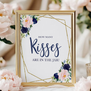 Navy Blauwe Gouden Bloemen Hoeveel Kusjes Bord Poster