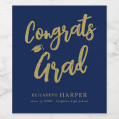 Navy Blauwe Gouden Congrats Grad Brush Script Wijn Etiket (Enkel label)