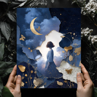 Navy Blauwe Gouden Fantasie Nachtelijke Hemel Muur Poster