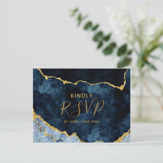 Navy Blauwe Gouden Folie Agate Huwelijksmaaltijd K Uitnodiging Briefkaart (Staand voorkant)