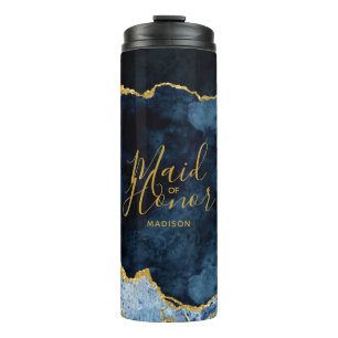 Navy Blauwe & Gouden Folie Agate Marmer Bruidsmeis Thermosbeker
