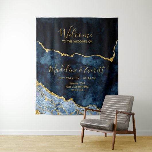 Navy Blauwe Gouden Folie Agate Marmeren Bruiloft W Wandkleed (In situ)
