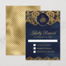 Navy Blauwe Gouden Folie Kant Islamitische Bruilof