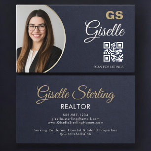 Navy Blauwe Gouden Foto Makelaar QR Code Leisteen Visitekaartje