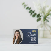 Navy Blauwe Gouden Foto Makelaar QR Code Metallic Visitekaartje (Staand voorkant)