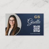 Navy Blauwe Gouden Foto Makelaar QR Code Metallic Visitekaartje (Voorkant)