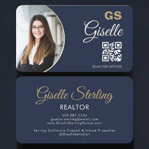 Navy Blauwe Gouden Foto Monogram Makelaar QR Code Visitekaartje