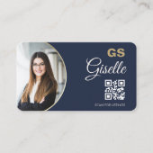 Navy Blauwe Gouden Foto Monogram Makelaar QR Code Visitekaartje (Voorkant)