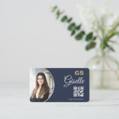 Navy Blauwe Gouden Foto Monogram Makelaar QR Code Visitekaartje (Staand voorkant)