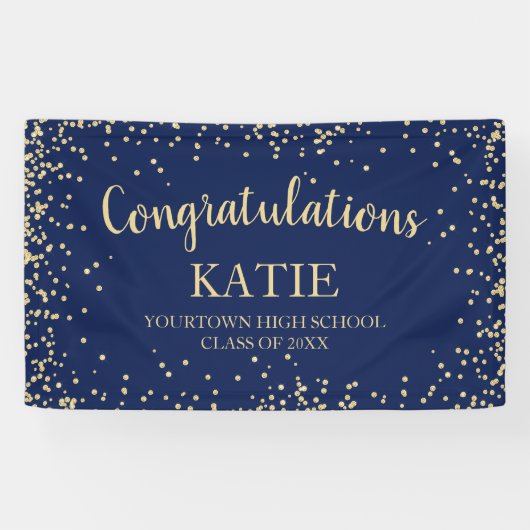 Navy Blauwe Gouden Glitter Afstudeer Felicitaties Spandoek (Horizontaal)