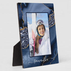 Navy Blauwe Gouden Glitter Agate Elegante Naam Fot Fotoplaat
