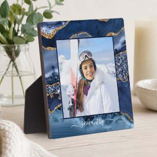 Navy Blauwe Gouden Glitter Agate Elegante Naam Fot Fotoplaat
