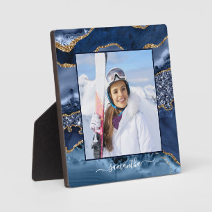 Navy Blauwe Gouden Glitter Agate Elegante Naam Fot Fotoplaat
