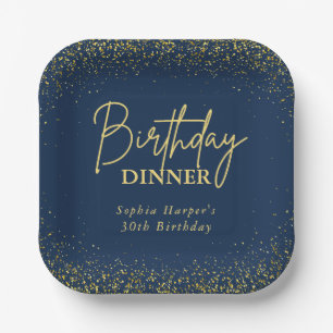 Navy Blauwe Gouden Glitter Confetti Verjaardagsdin Papieren Bordje