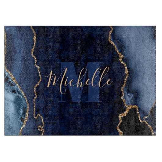 Navy Blauwe & Gouden Glitter Marmer Agate Monogram Snijplank (Voorkant)