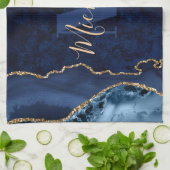 Navy Blauwe & Gouden Glitter Marmer Agate Monogram Theedoek (Gevouwen)
