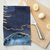 Navy Blauwe & Gouden Glitter Marmer Agate Monogram Theedoek (Quarter Fold)