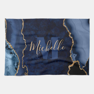 Navy Blauwe & Gouden Glitter Marmer Agate Monogram Theedoek