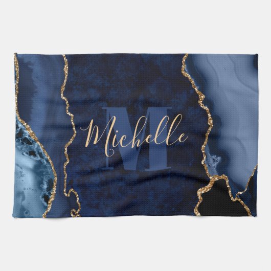Navy Blauwe & Gouden Glitter Marmer Agate Monogram Theedoek (Horizontaal)