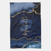 Navy Blauwe & Gouden Glitter Marmer Agate Monogram Theedoek (Verticaal)