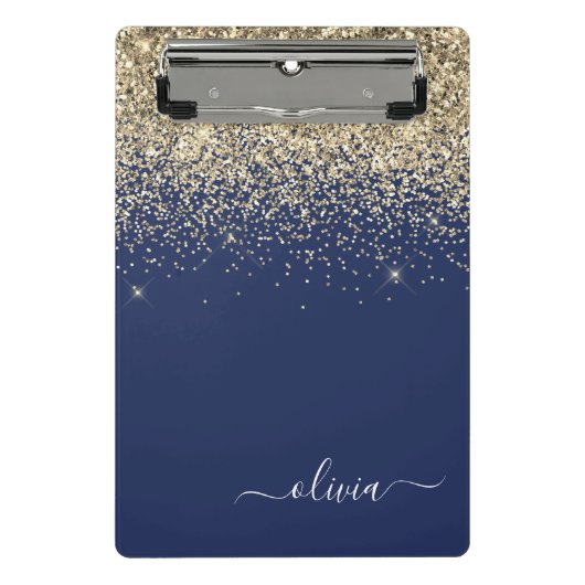 Navy Blauwe Gouden Glitter Meisjesachtige Monogram Mini Klembord (Voorkant)