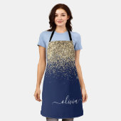 Navy Blauwe Gouden Glitter Meisjesachtige Monogram Schort (Gedragen)