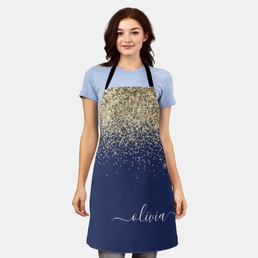 Navy Blauwe Gouden Glitter Meisjesachtige Monogram Schort (Gedragen)