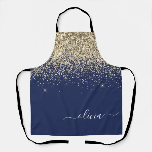 Navy Blauwe Gouden Glitter Meisjesachtige Monogram Schort (Voorkant)