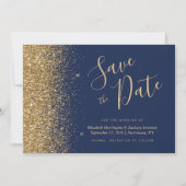Navy Blauwe Gouden Glitter Script Save the Date Kaart (Voorkant)