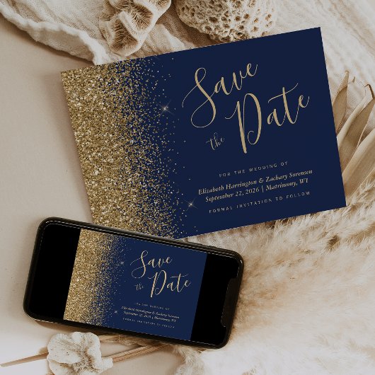 Navy Blauwe Gouden Glitter Script Save the Date Kaart