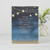 Navy Blauwe Gouden Glitter Slinger Licht Bruilofts Kaart (Staand voorkant)