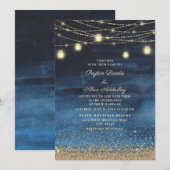 Navy Blauwe Gouden Glitter Slingerlicht Bruiloft Kaart (Voorkant / Achterkant)
