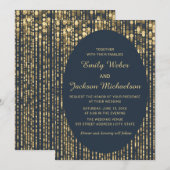 Navy Blauwe Gouden Glitter Slingerlicht Bruiloft Kaart (Voorkant / Achterkant)