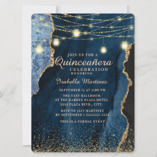 Navy Blauwe Gouden Glitter Slingerlichten Quinceañ Kaart
