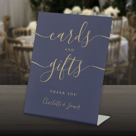 Navy Blauwe Gouden Handtekening Script Kaarten En Reclamebord Met Voetstuk