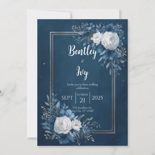 Navy Blauwe Gouden Hemelse Ranunculus Bruiloft Kaart (Voorkant)