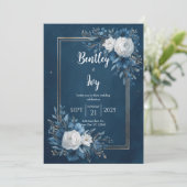 Navy Blauwe Gouden Hemelse Ranunculus Bruiloft Kaart (Staand voorkant)
