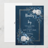 Navy Blauwe Gouden Hemelse Ranunculus Bruiloft Kaart (Voorkant / Achterkant)
