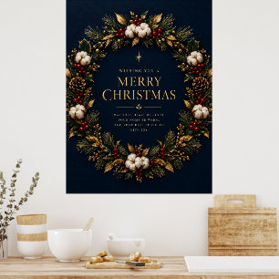 Navy Blauwe Gouden Krans Prettig Kerstmis Inpakpap Poster