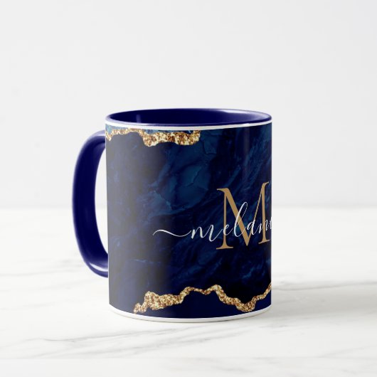 Navy Blauwe Gouden Marmer Douane Letter Naam Mok (Voorkant links)