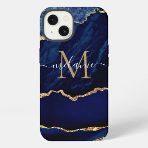 Navy Blauwe Gouden Marmer Je Letter Naam iPhone Ho 13 Hoesje