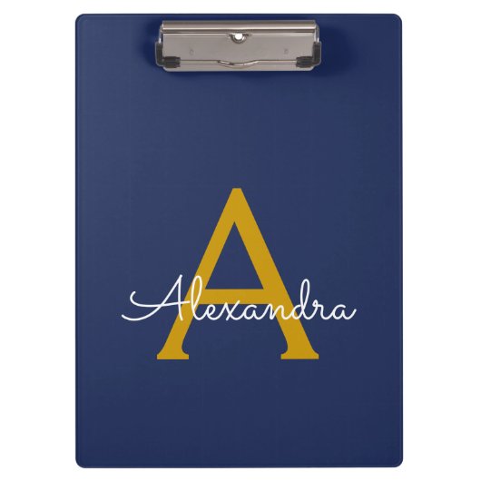 Navy Blauwe Gouden Moderne Script Meisjes Monogram Klembord (Voorkant)