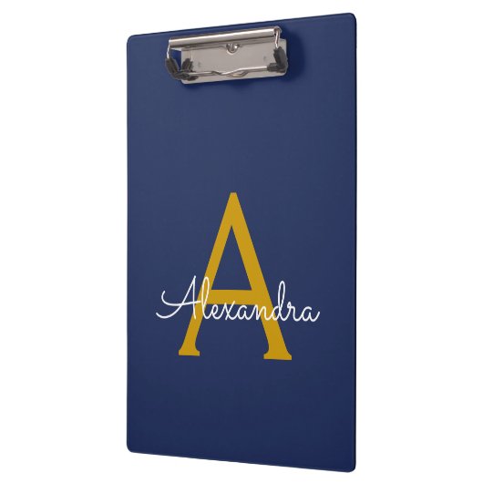 Navy Blauwe Gouden Moderne Script Meisjesachtige M Klembord (Links)