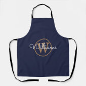 Navy Blauwe Gouden Monogram Script Naam Schort (Voorkant)