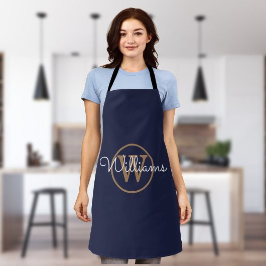 Navy Blauwe Gouden Monogram Script Naam Schort