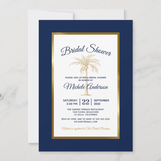 Navy Blauwe Gouden Palmboom Moderne Bruidsdouche Kaart (Voorkant)