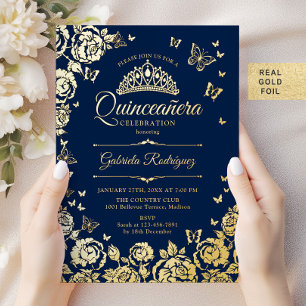 Navy Blauwe Gouden Rozen Vlinders Quinceanera Folie Uitnodiging